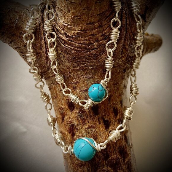 Silver Tone Long-Distance Relationship Bracelets, Turquoise gemstone set of two - Picture 4 of 16